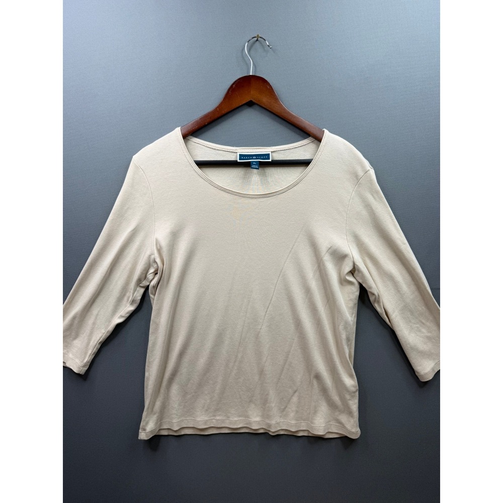 Karen Scott Top Womens Beige 3/4 Sleeve Scoop Neck Ribbed Knit Petite Large